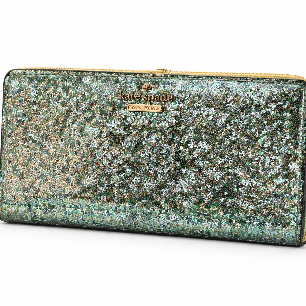 kate spade Green Glitter Zip-Around Wallet with Gold Trim